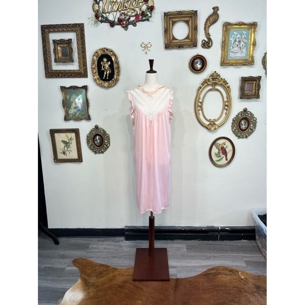Vintage Y2K Avian Pink Nylon Lace Trim Nightgown Maxi Dress Size Large